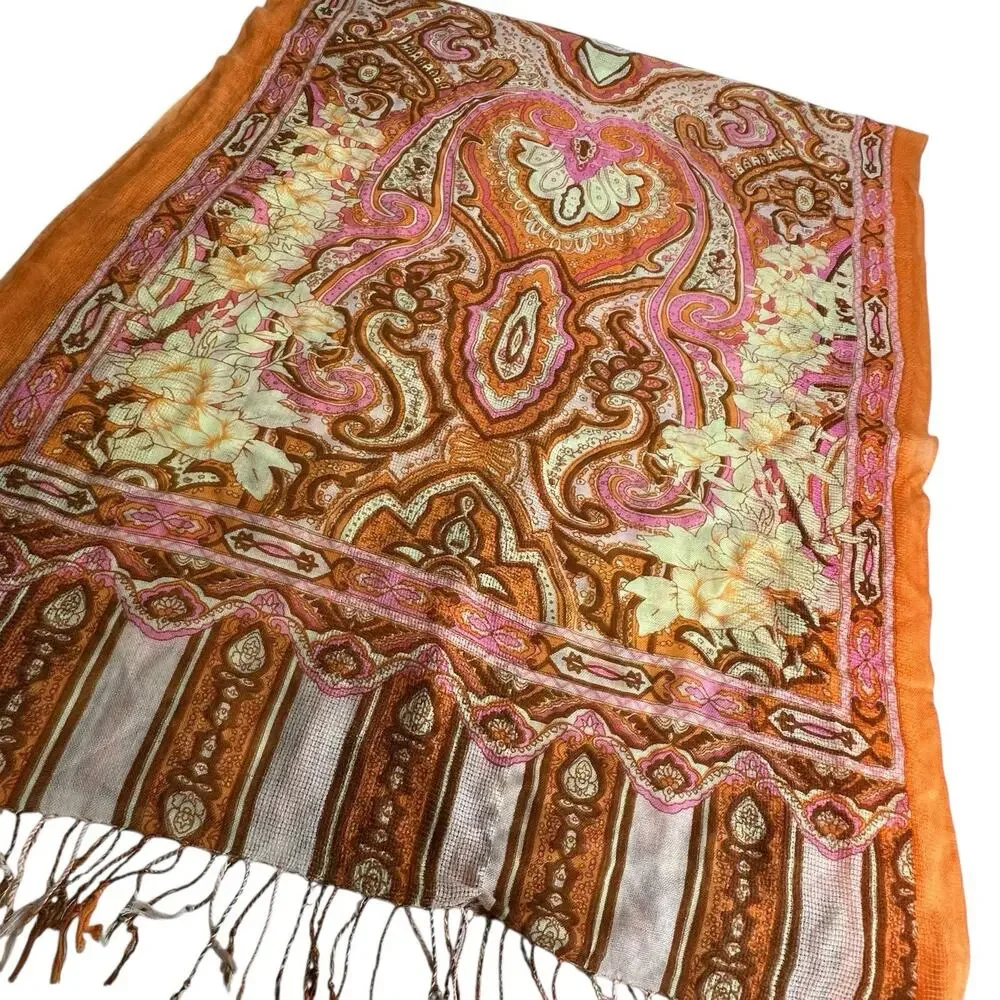 Paisley Fringe Wrap Scarf in Burnt Orange and Pink